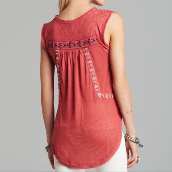 Free People Boho Top Linen Viscose embroidered Red Sleeveless Tunic - Picture 3 of 7